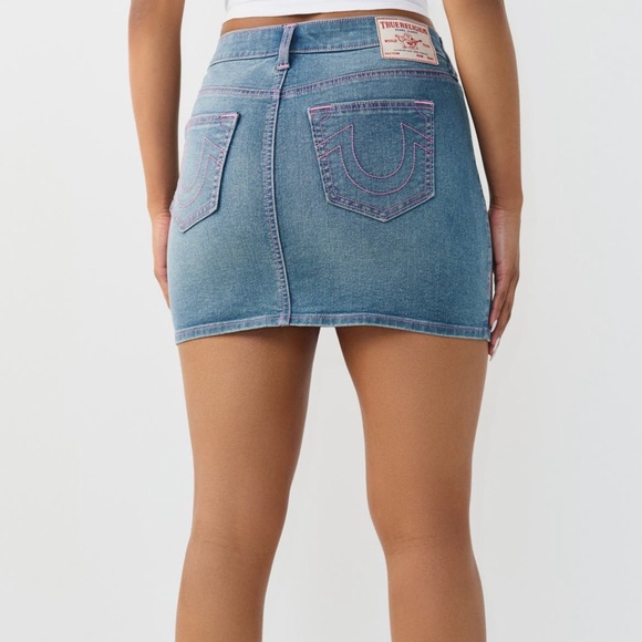 True Religion Blue Denim Mini Skirt with Pink Stitching - Picture 3 of 6